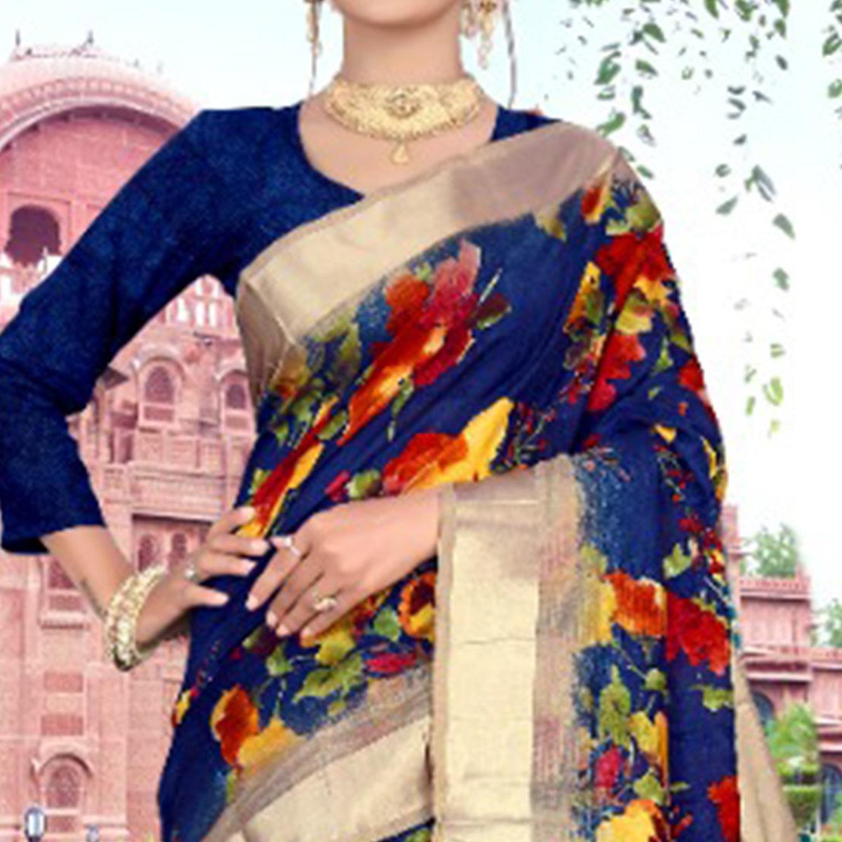 Classy Royal Blue Colored Casual Printed Cotton Saree - Peachmode