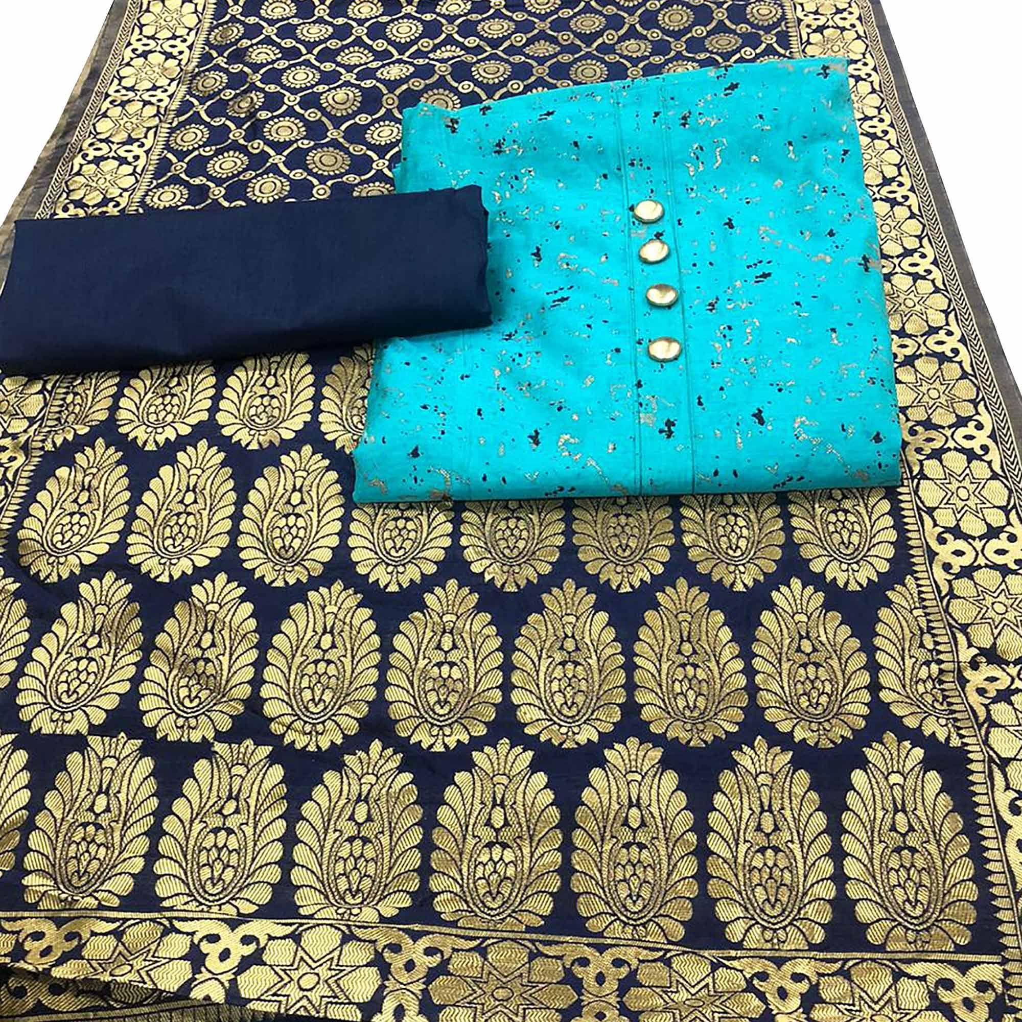 Classy Sky Blue Colored Casual Wear Printed Chanderi Dress Material With Banarasi Silk Dupatta - Peachmode