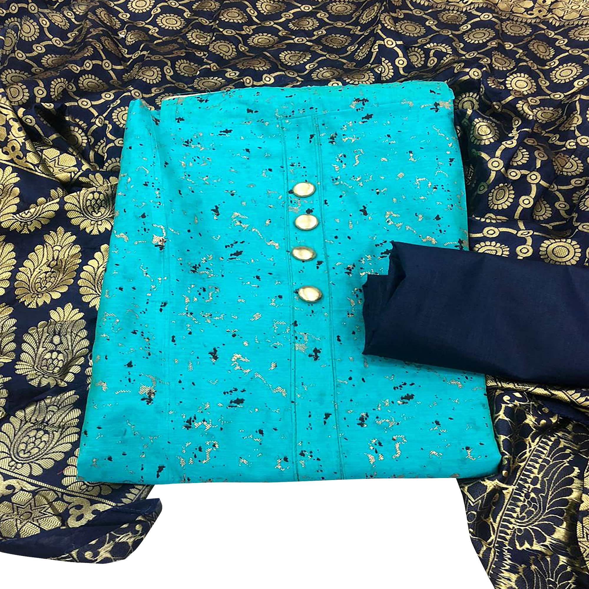Classy Sky Blue Colored Casual Wear Printed Chanderi Dress Material With Banarasi Silk Dupatta - Peachmode