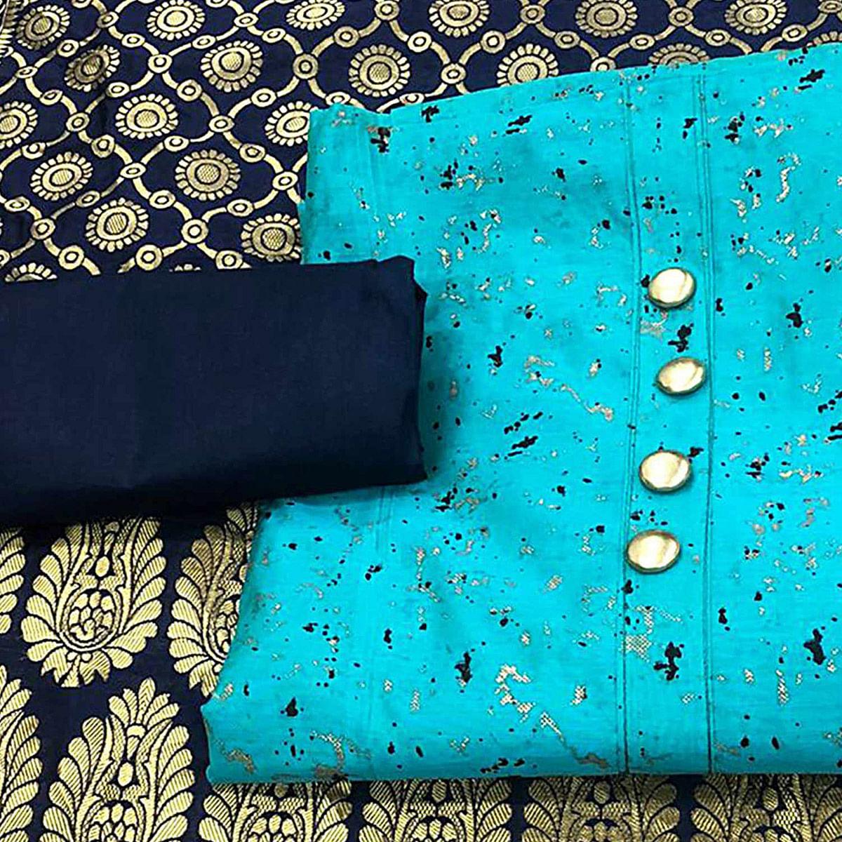 Classy Sky Blue Colored Casual Wear Printed Chanderi Dress Material With Banarasi Silk Dupatta - Peachmode