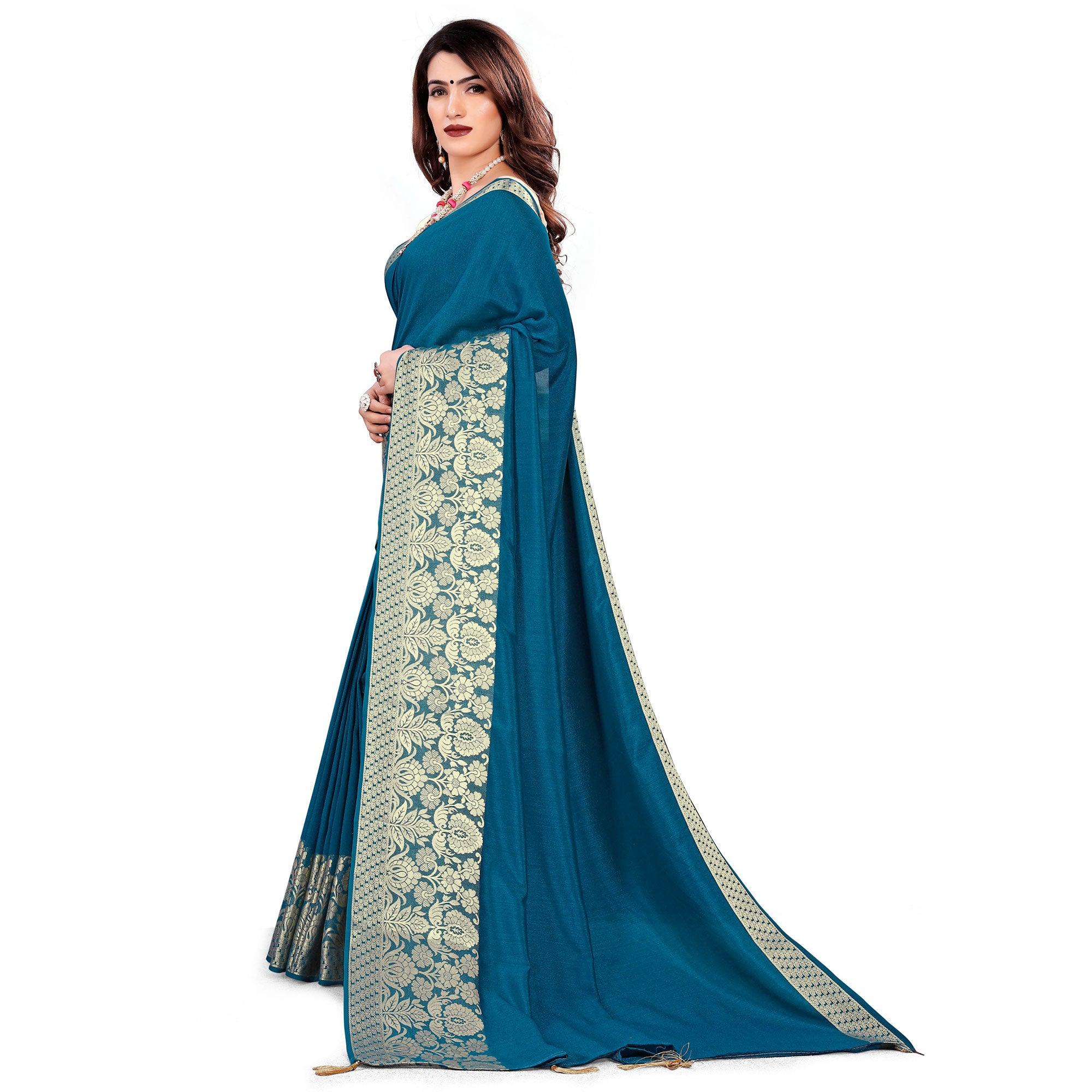 Classy Teal Blue Colored Festive Wear Woven Art Silk Saree With Tassels - Peachmode