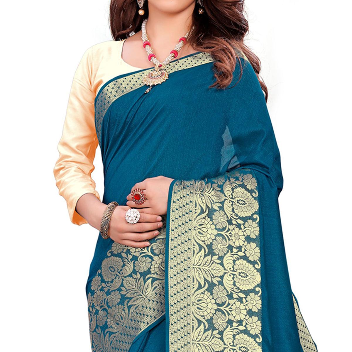 Classy Teal Blue Colored Festive Wear Woven Art Silk Saree With Tassels - Peachmode