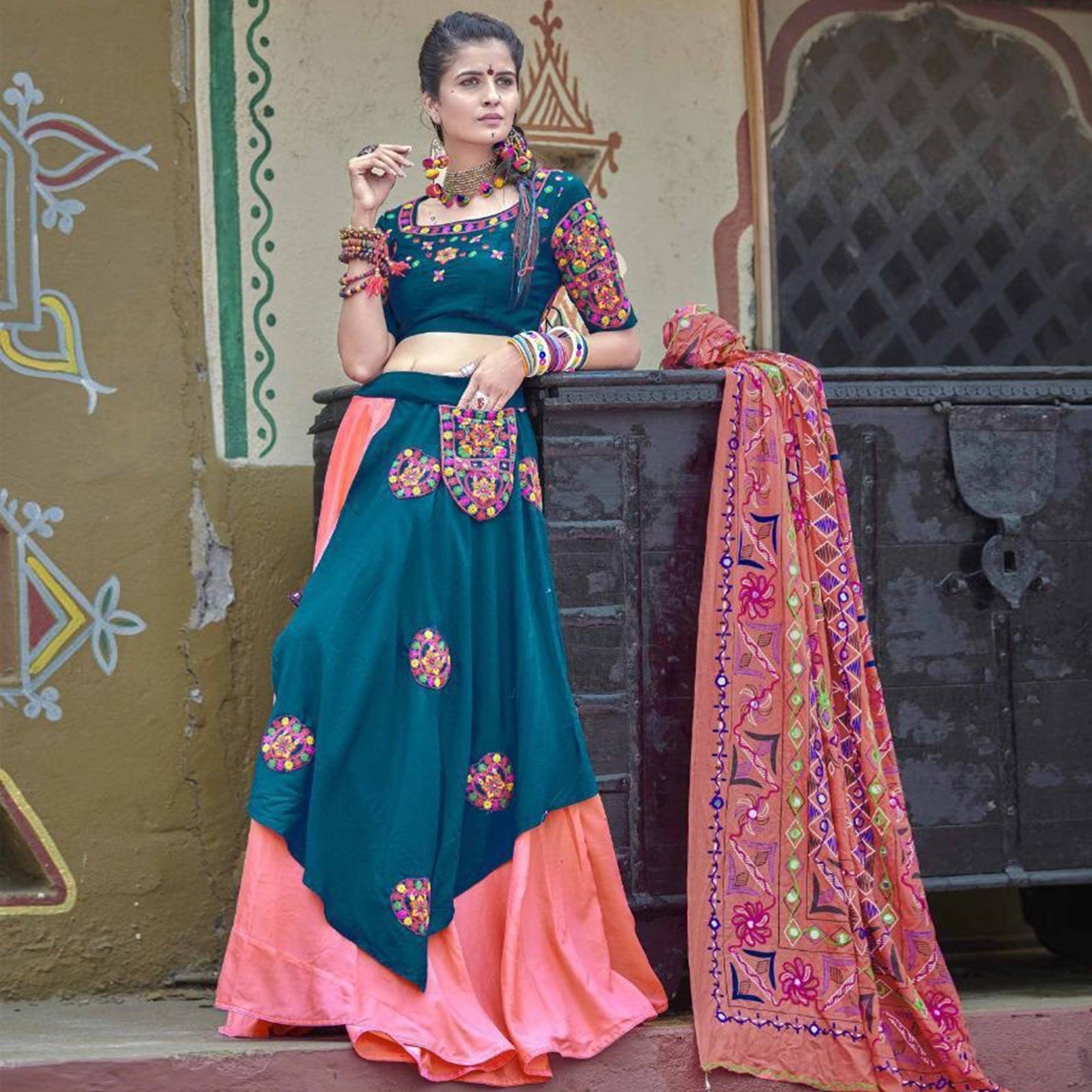 Classy Teal Blue Colored Party Wear Embroidered Soft Cotton Navratri Lehenga Choli - Peachmode