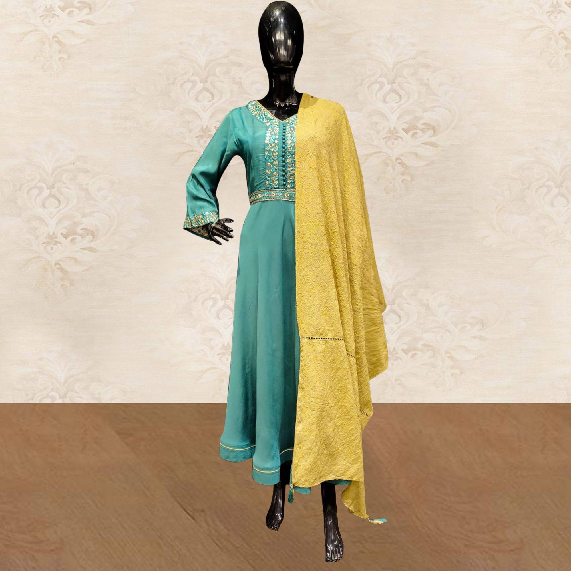 Classy Teal Blue Colored Partywear Embroidered Tapetta Silk Kurti With Dupatta - Peachmode