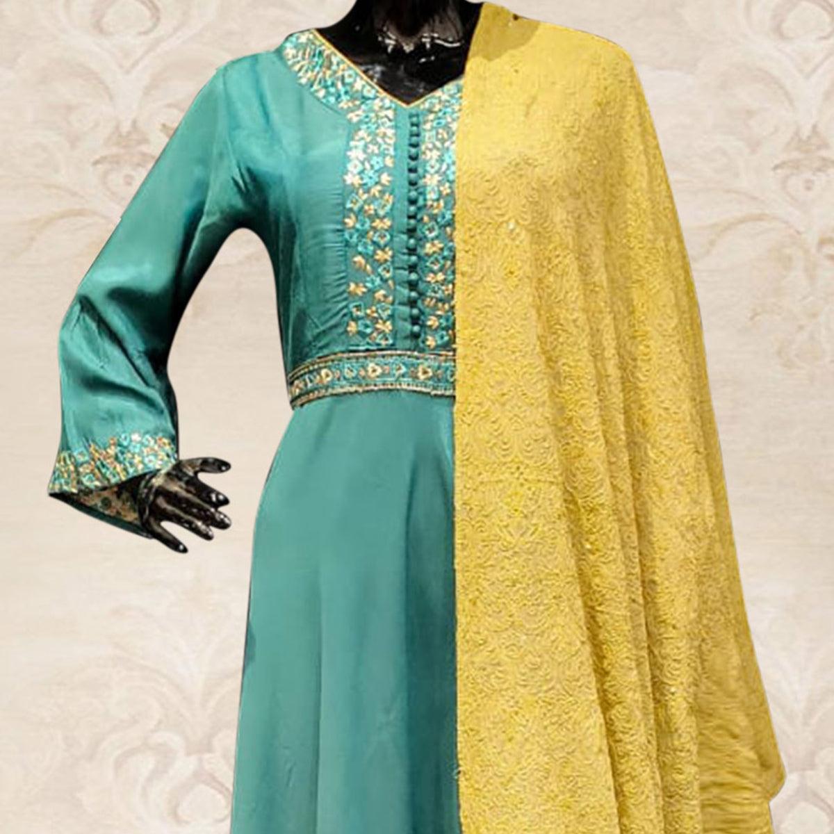 Classy Teal Blue Colored Partywear Embroidered Tapetta Silk Kurti With Dupatta - Peachmode