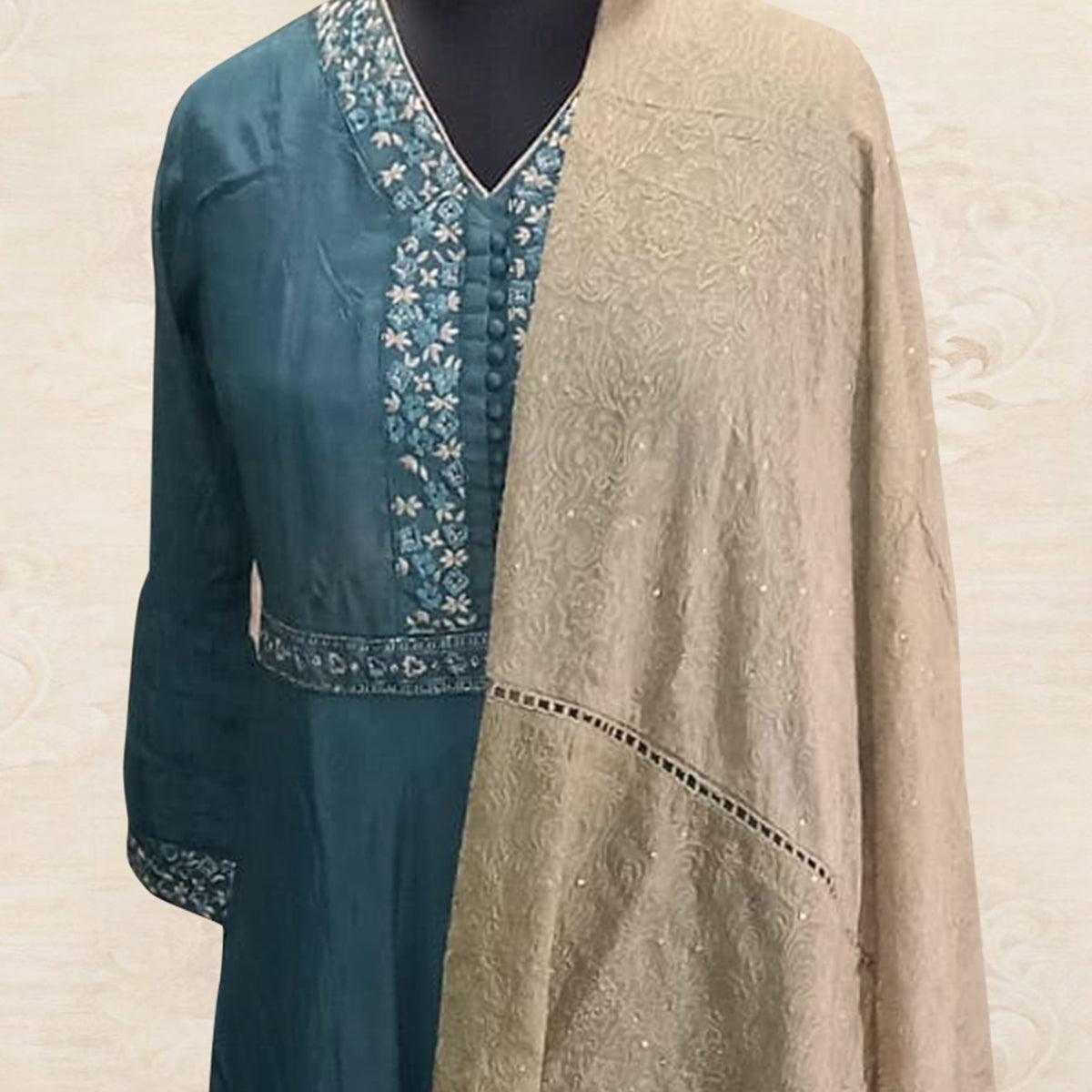 Classy Teal Blue Colored Partywear Embroidered Tapetta Silk Kurti With Dupatta - Peachmode