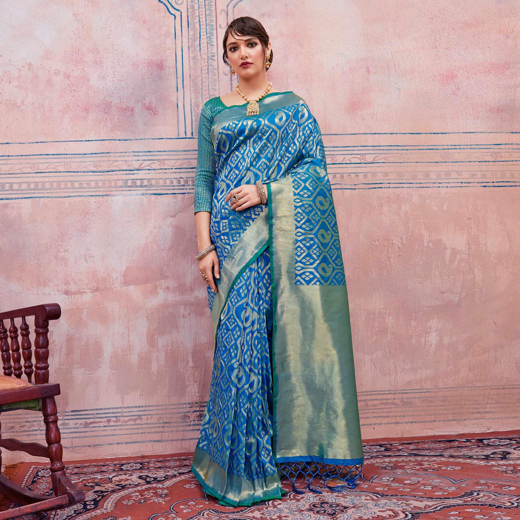 Classy Turquoise Blue Colored Festive Wear Silk Saree - Peachmode