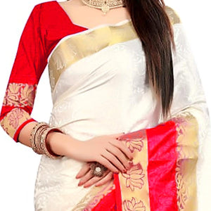 Classy White-Red Colored Festive Wear Woven Nylon Saree - Peachmode