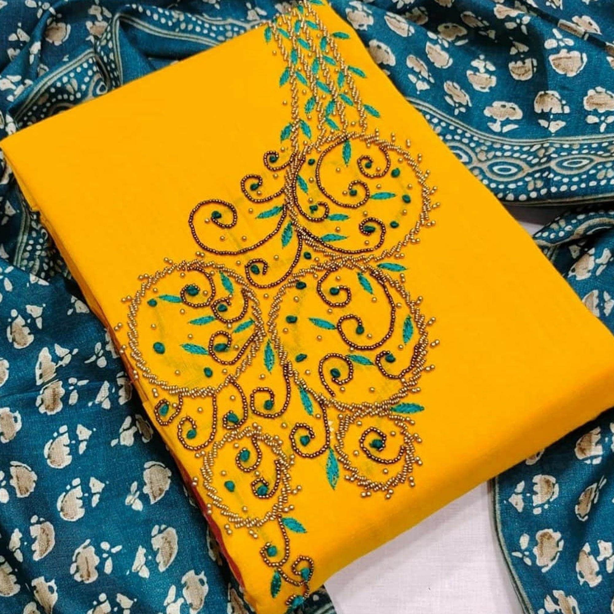 Classy Yellow Colored Casual Wear Embroidered Modal Chanderi Dress Material - Peachmode