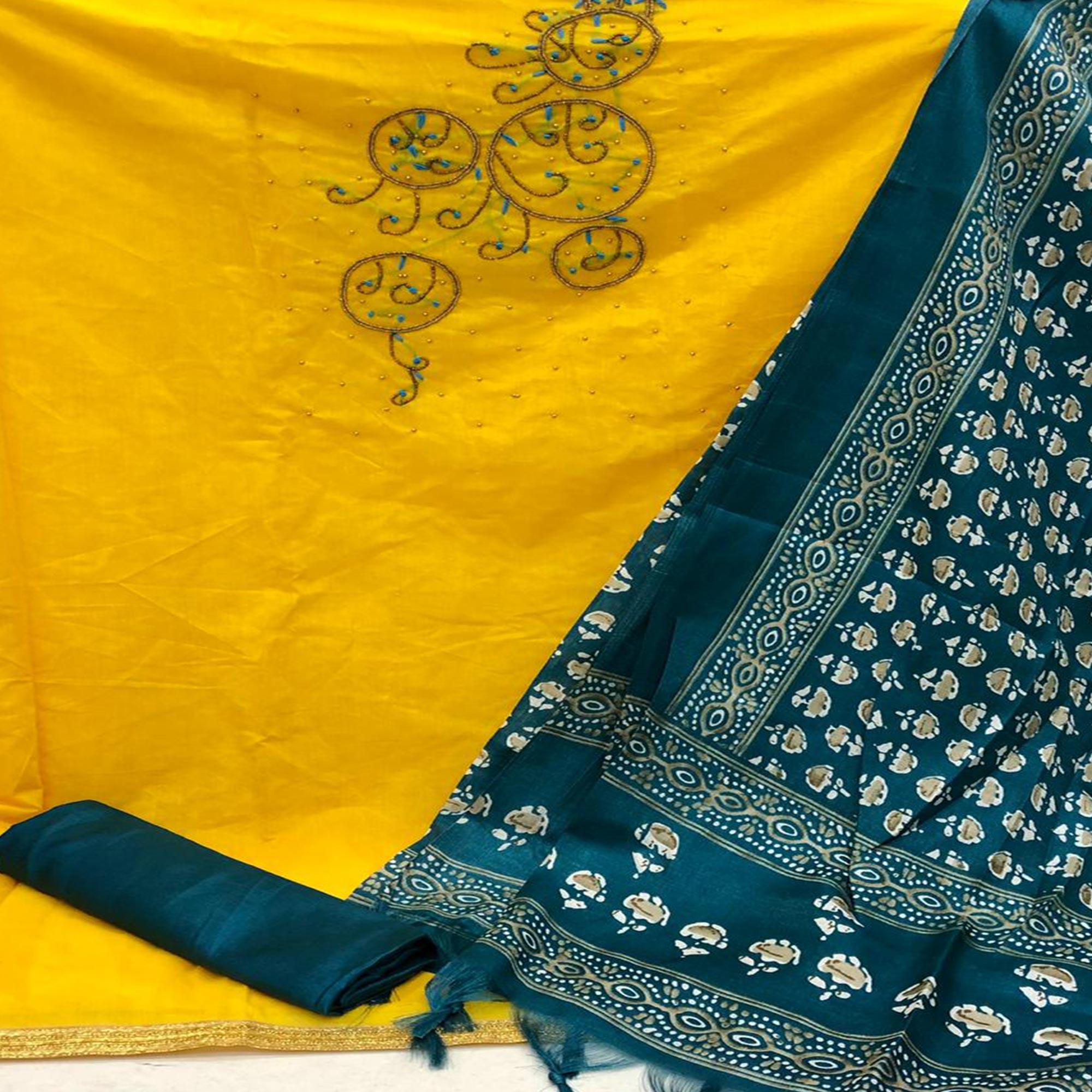 Classy Yellow Colored Casual Wear Embroidered Modal Chanderi Dress Material - Peachmode