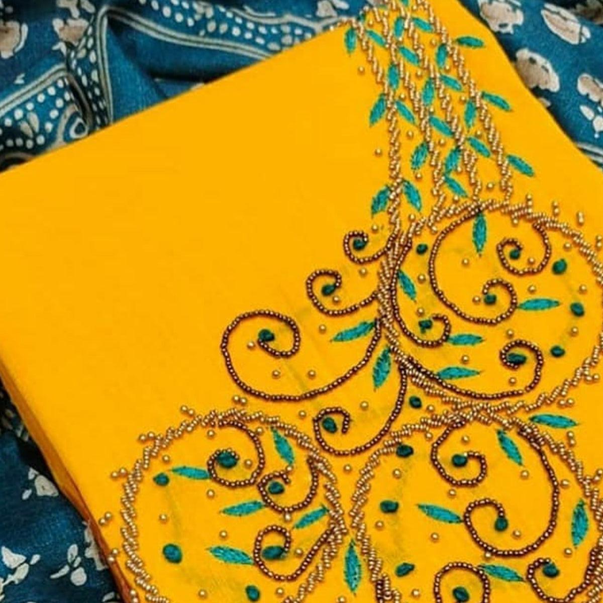Classy Yellow Colored Casual Wear Embroidered Modal Chanderi Dress Material - Peachmode