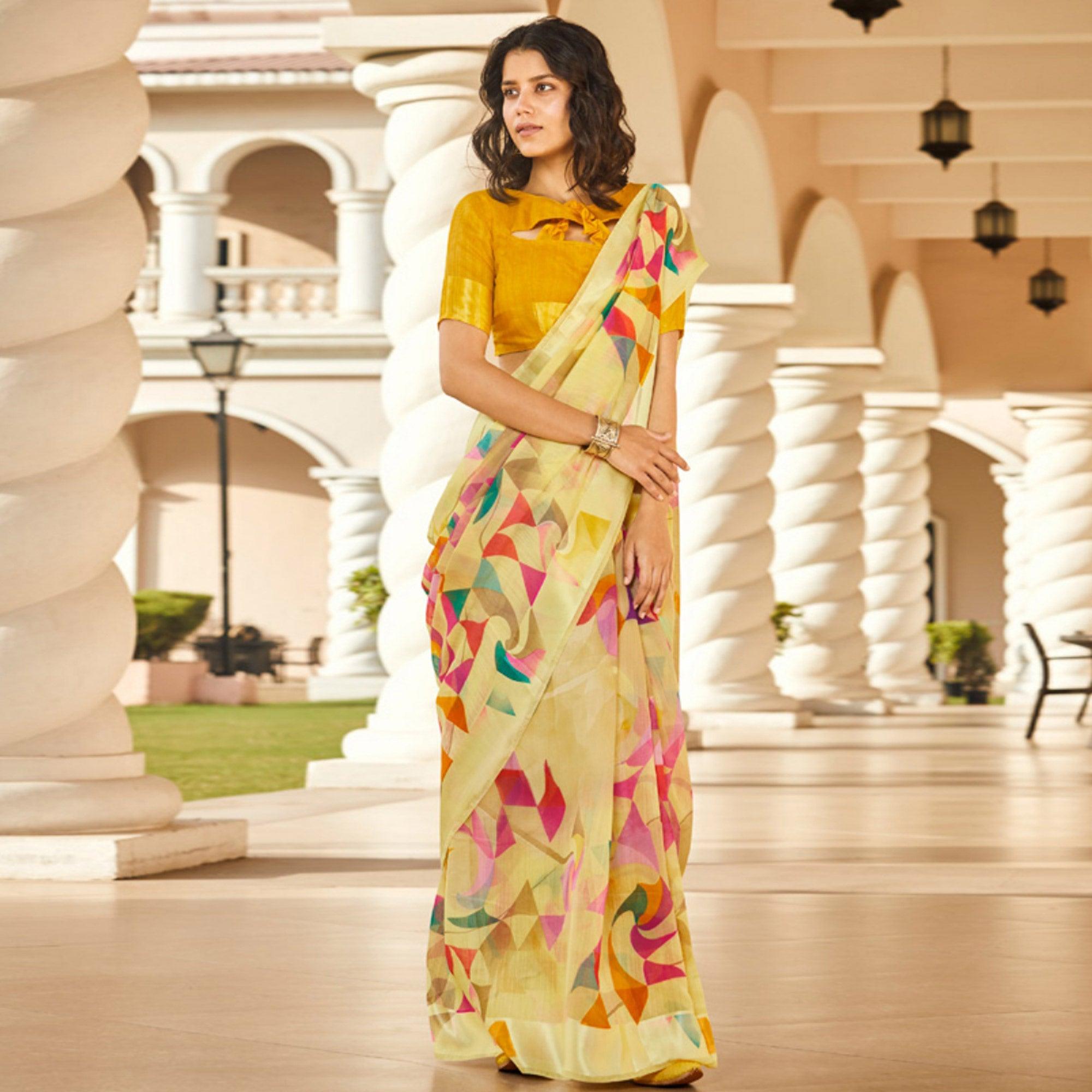 Classy Yellow Colored Casual Wear Printed Linen - Cotton Saree - Peachmode