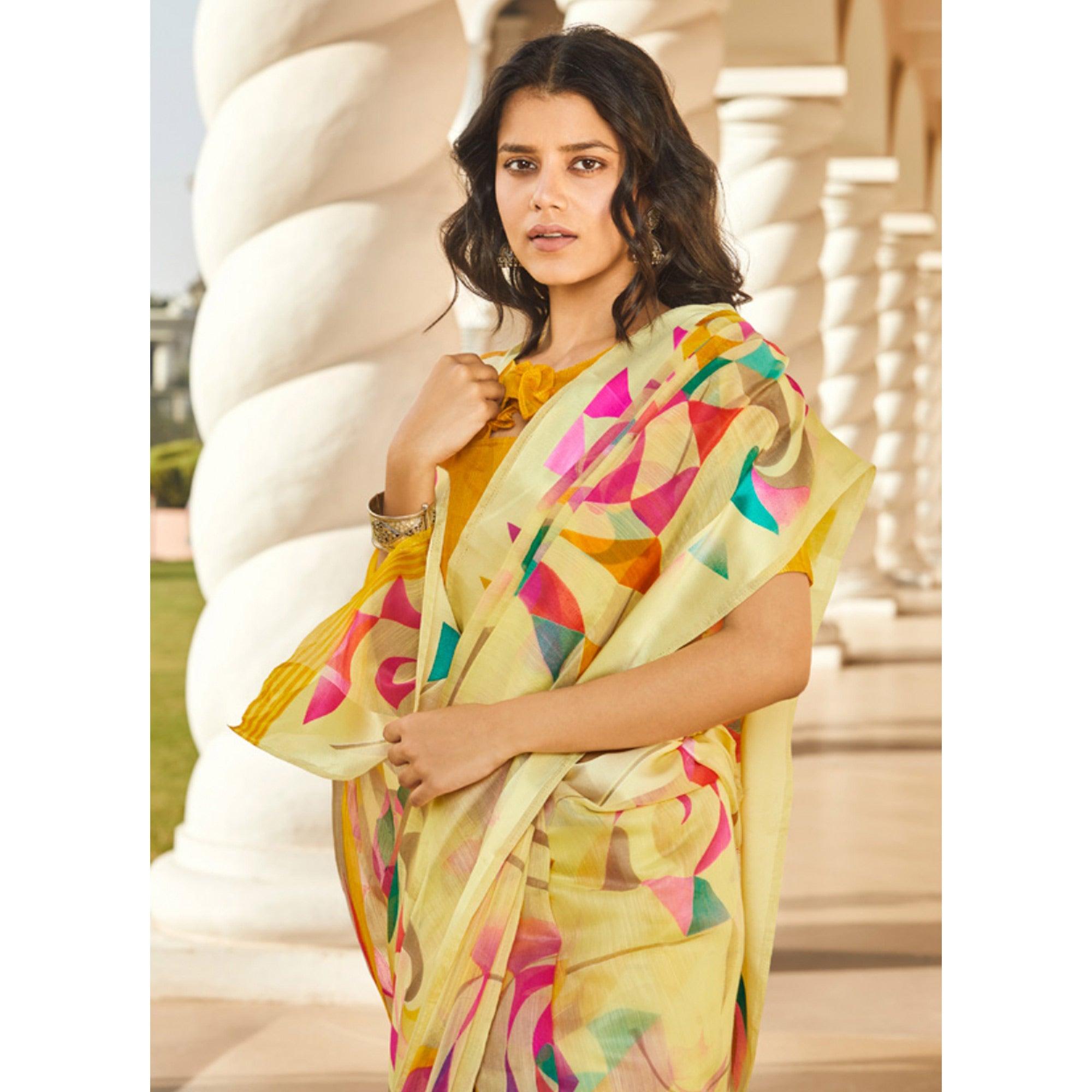 Classy Yellow Colored Casual Wear Printed Linen - Cotton Saree - Peachmode