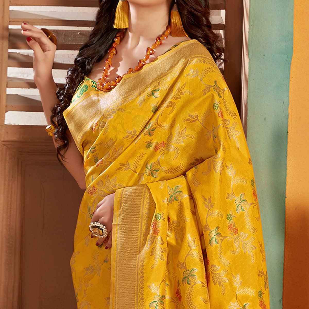 Classy Yellow Colored Festive Wear Woven Silk Saree - Peachmode