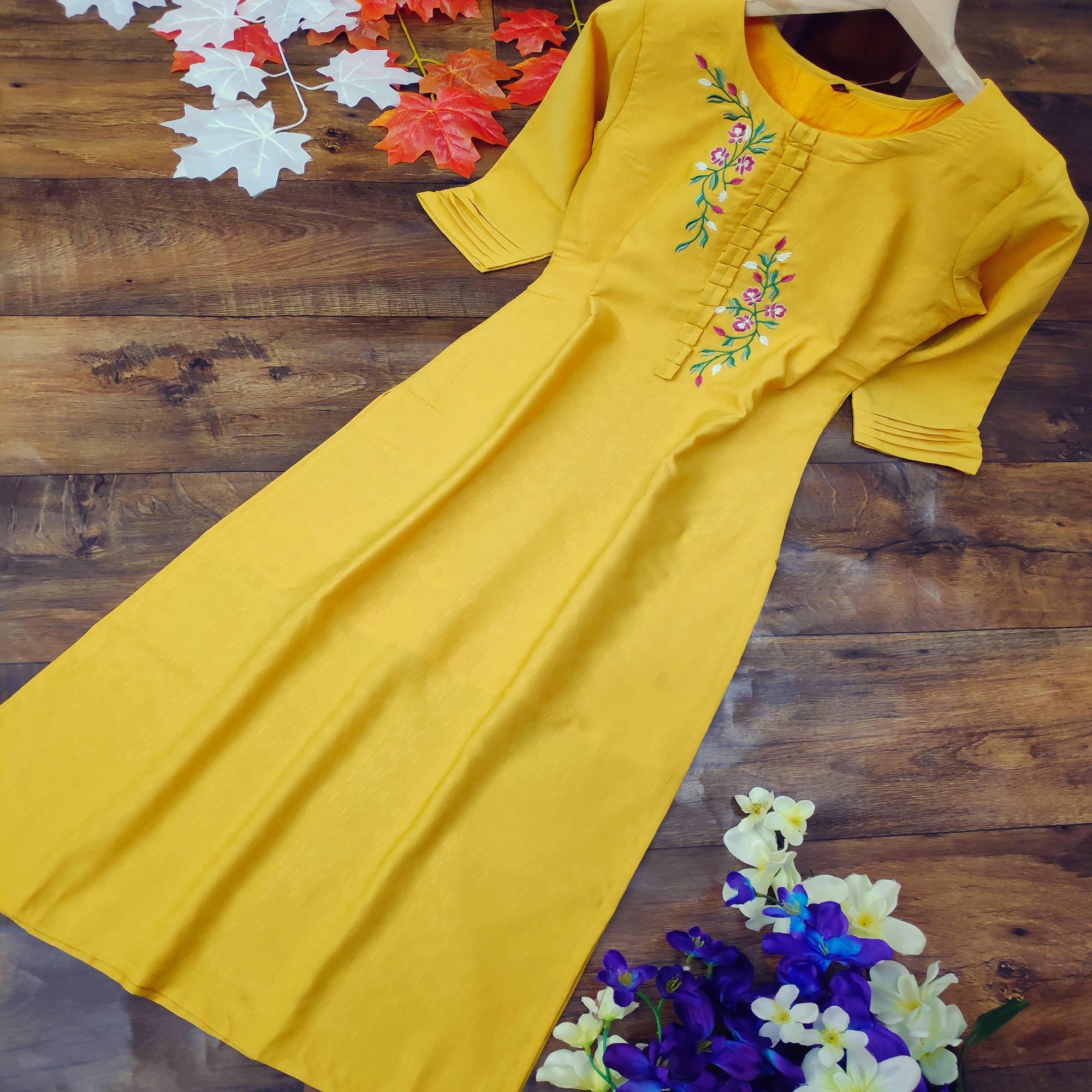 Classy Yellow Colored Party Wear Embroidered Cotton Kurti - Peachmode