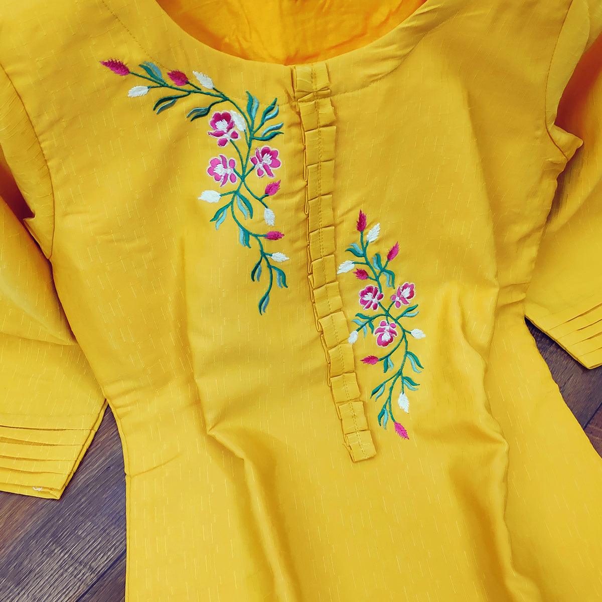 Classy Yellow Colored Party Wear Embroidered Cotton Kurti - Peachmode