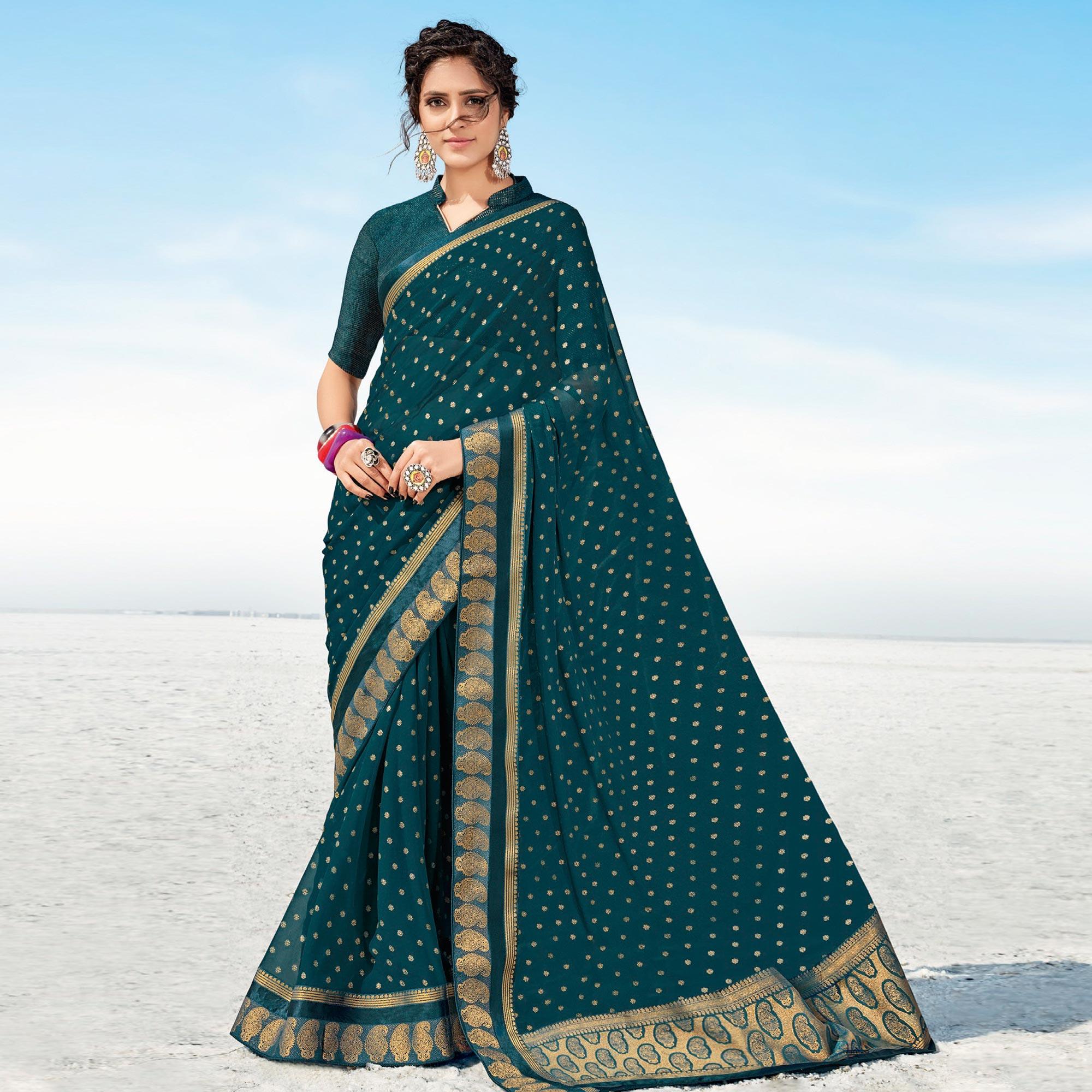 Cobalt Blue Festive Wear Woven Georgette Saree - Peachmode