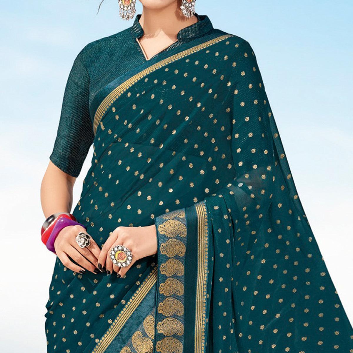 Cobalt Blue Festive Wear Woven Georgette Saree - Peachmode