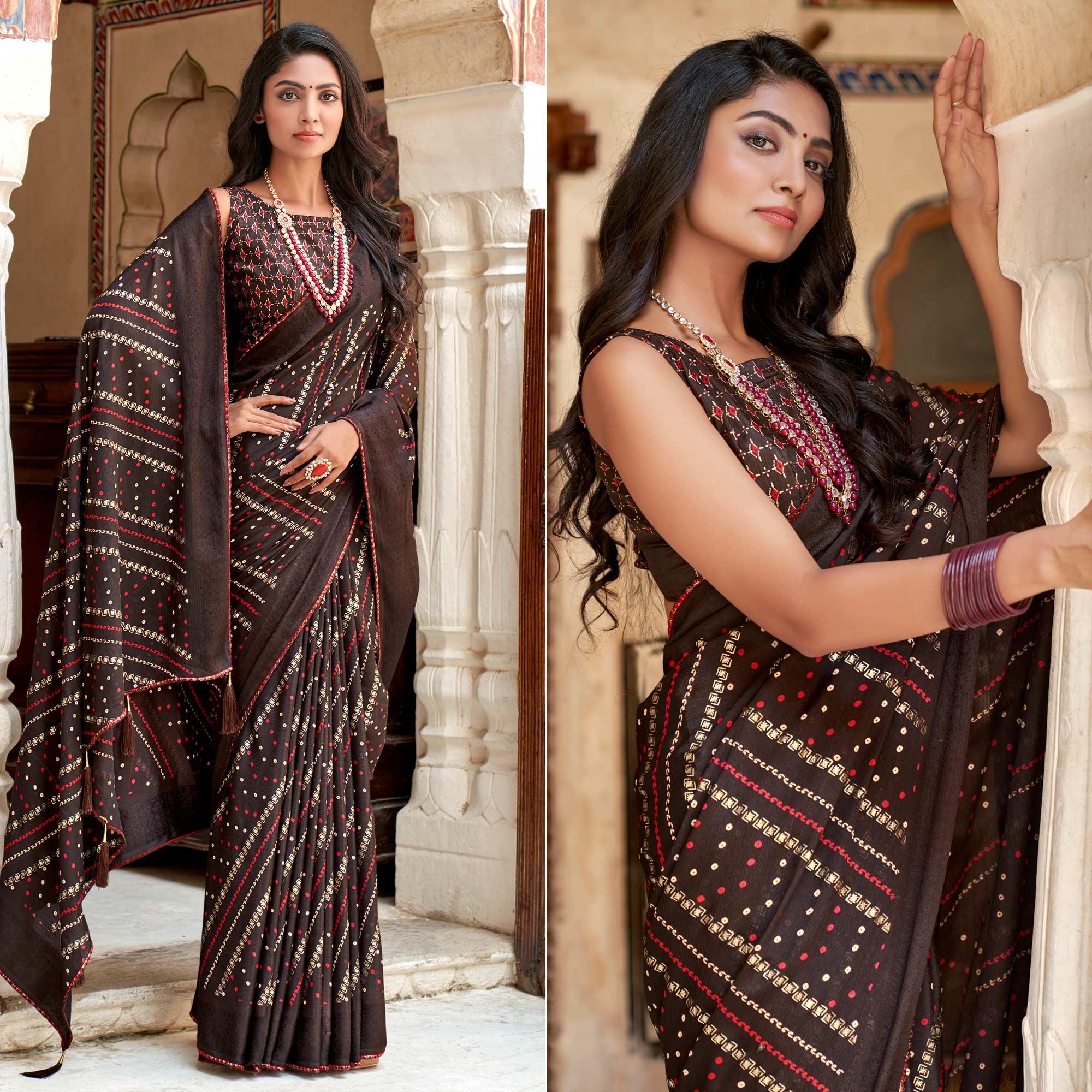 Coffee Bandhani Printed Chiffon Saree With Tassels - Peachmode