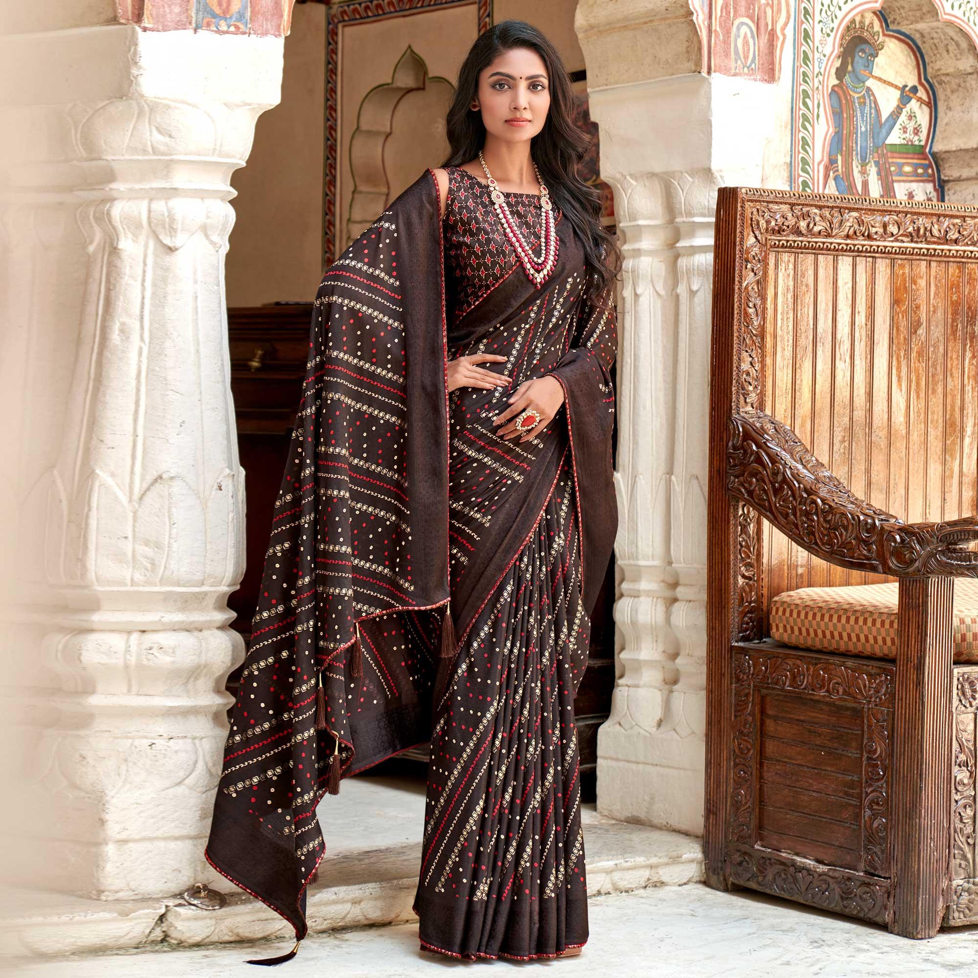 Coffee Bandhani Printed Chiffon Saree With Tassels - Peachmode