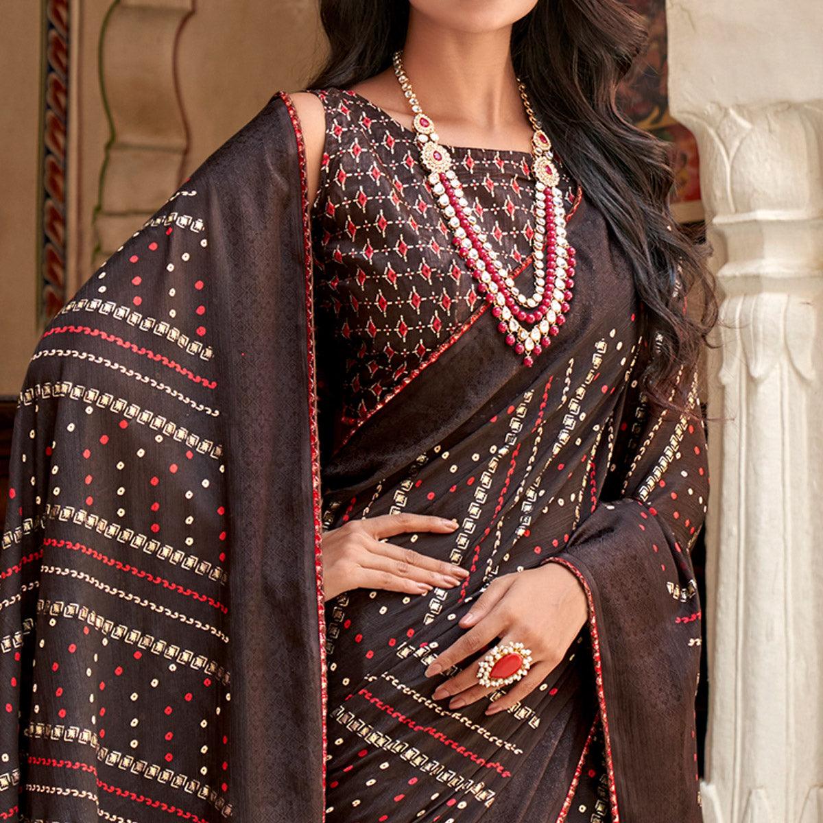 Coffee Bandhani Printed Chiffon Saree With Tassels - Peachmode