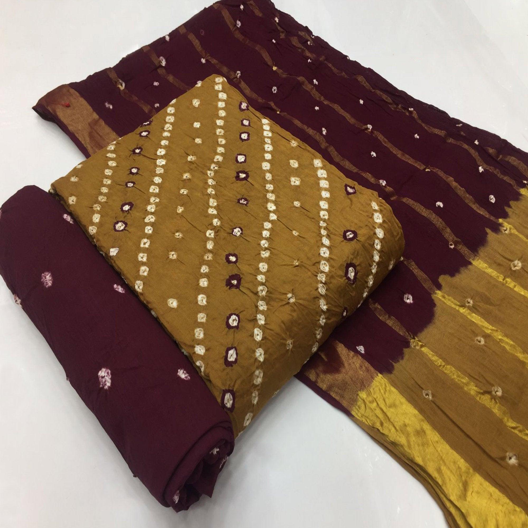 Coffee Brown Bandhani Printed Pure Cotton Dress Material - Peachmode