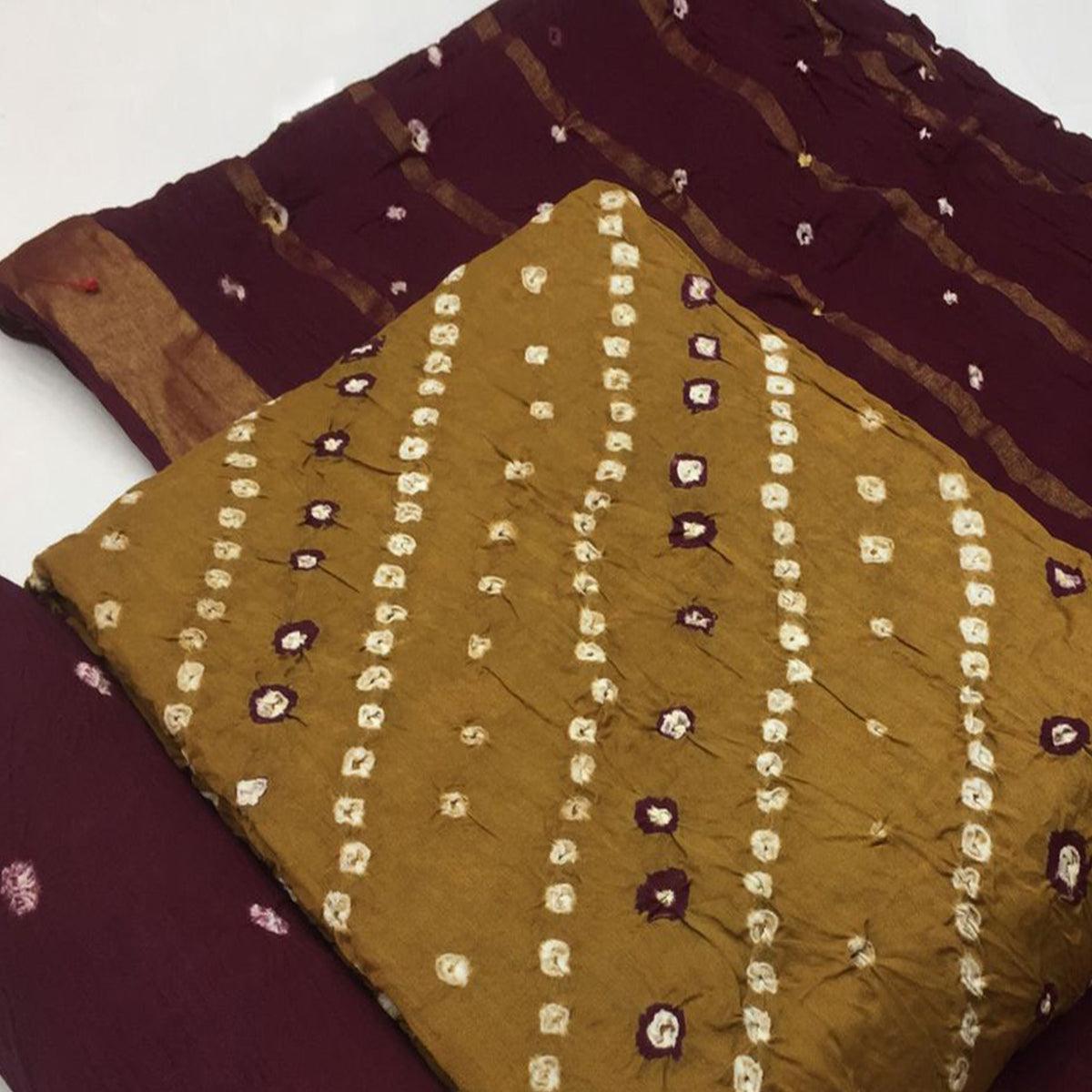 Coffee Brown Bandhani Printed Pure Cotton Dress Material - Peachmode