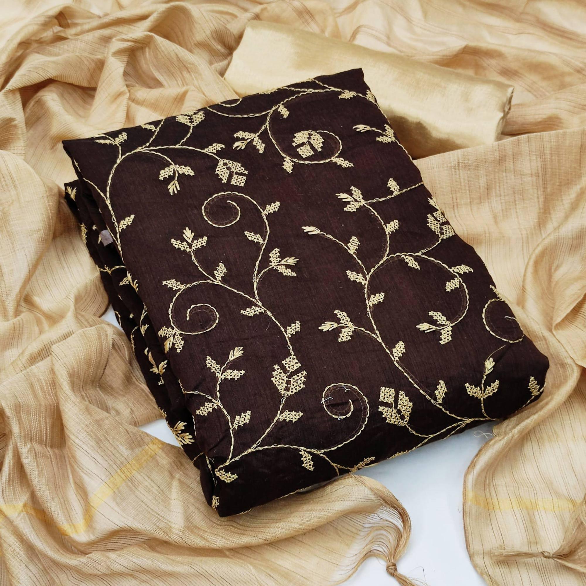 Coffee Brown Casual Wear Embroidered Chanderi Dress Material - Peachmode
