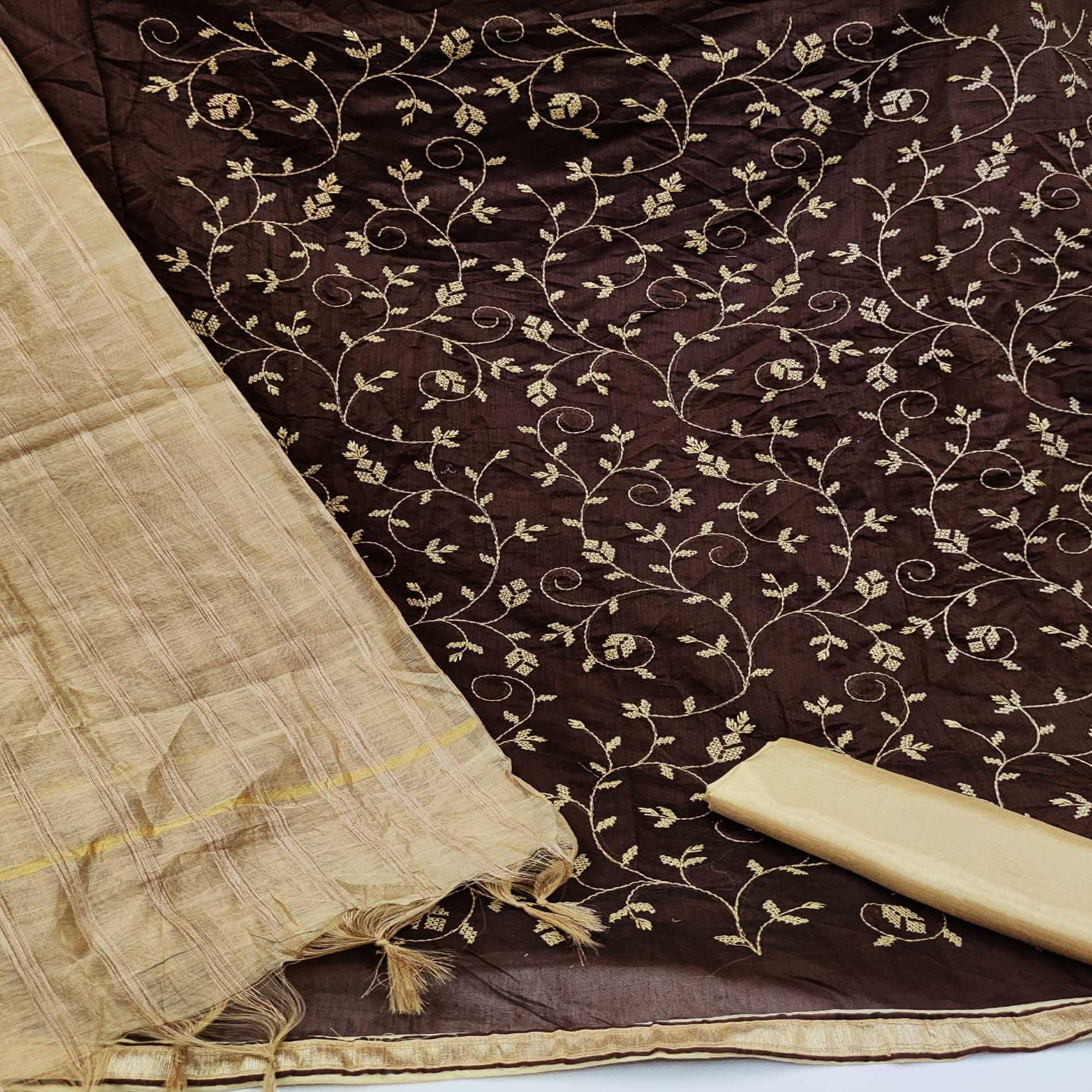 Coffee Brown Casual Wear Embroidered Chanderi Dress Material - Peachmode