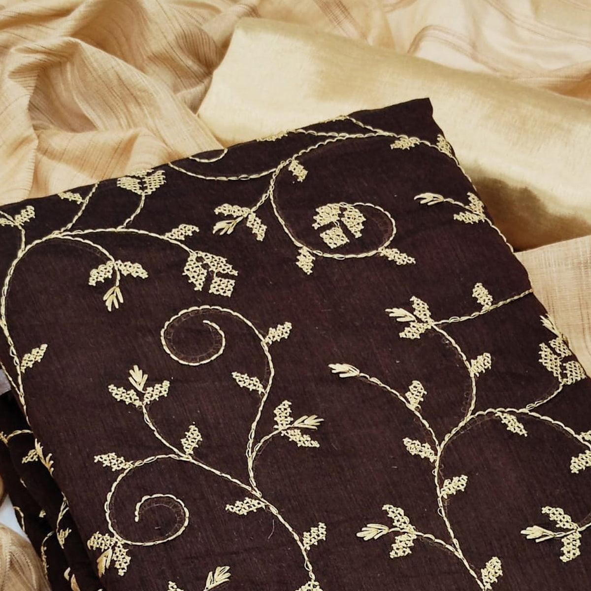 Coffee Brown Casual Wear Embroidered Chanderi Dress Material - Peachmode