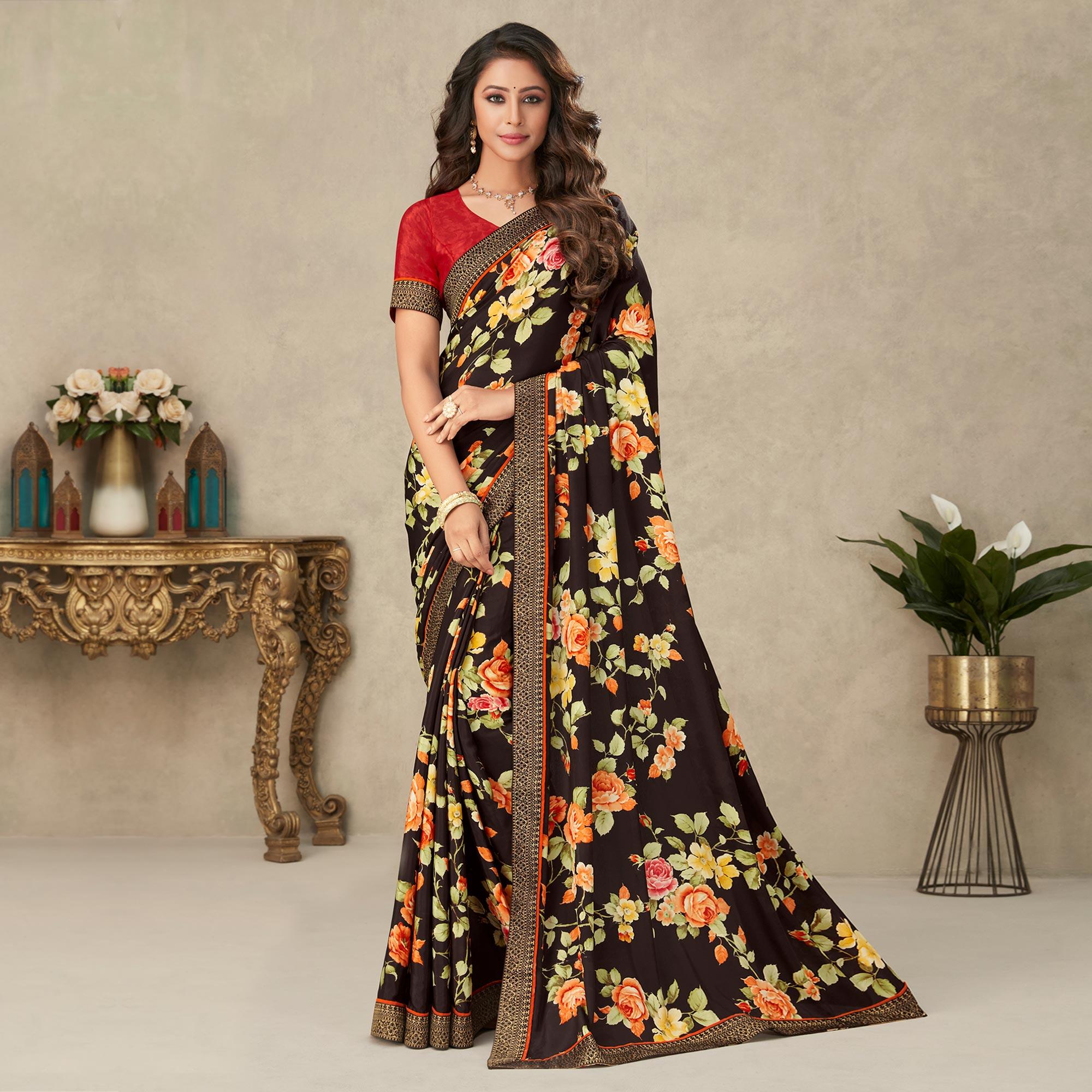 Coffee Brown Floral Printed Crepe Saree - Peachmode