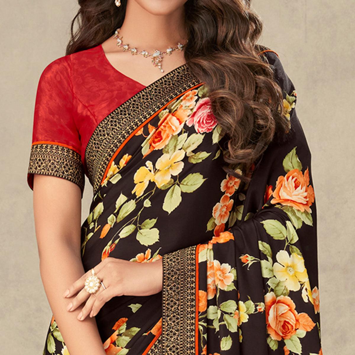 Coffee Brown Floral Printed Crepe Saree - Peachmode