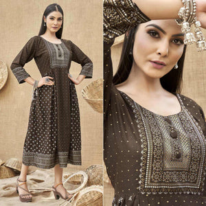 Coffee Brown Foil Printed Rayon Kurti - Peachmode