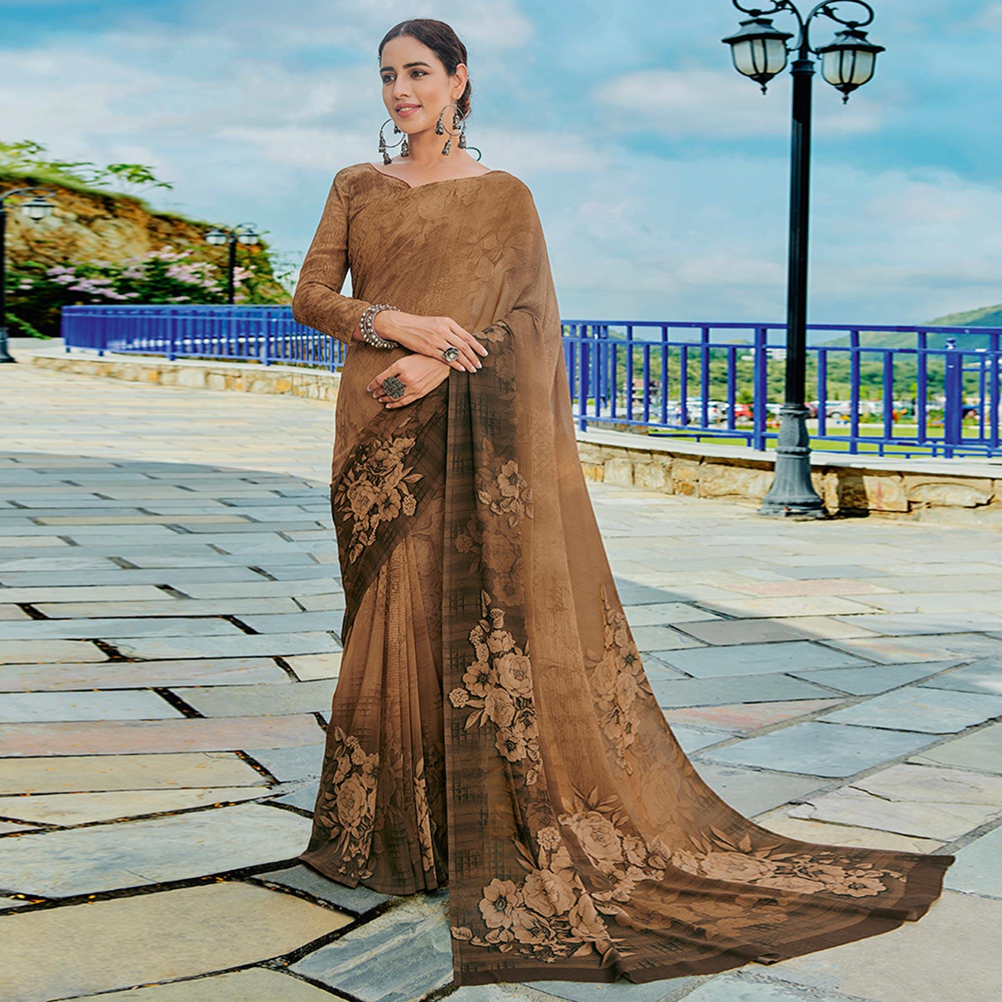 Coffee Brown Printed Georgette Saree - Peachmode