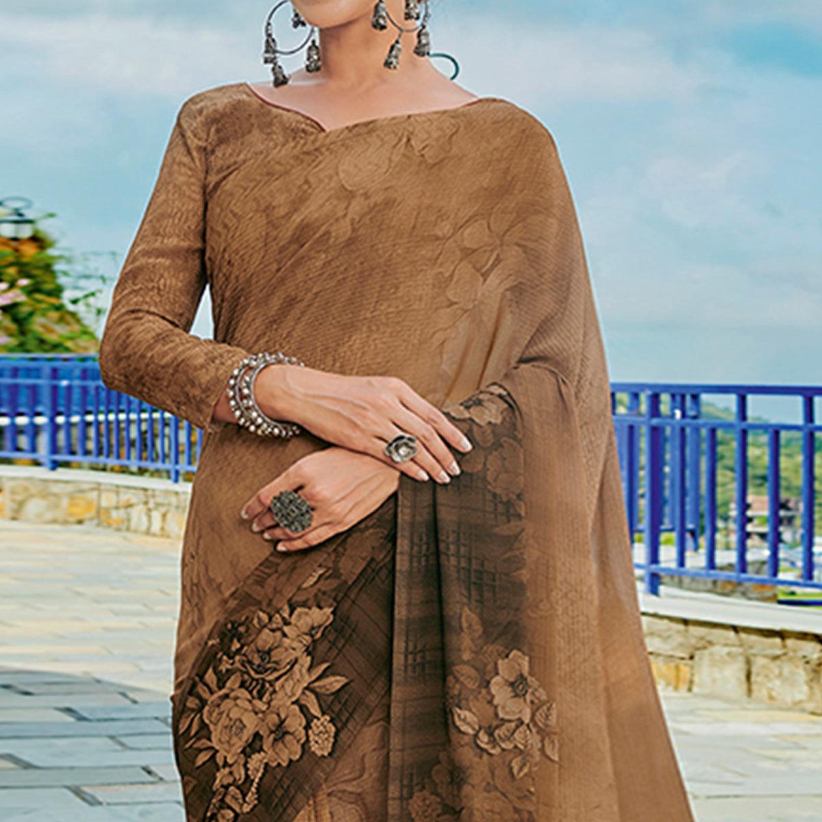 Coffee Brown Printed Georgette Saree - Peachmode