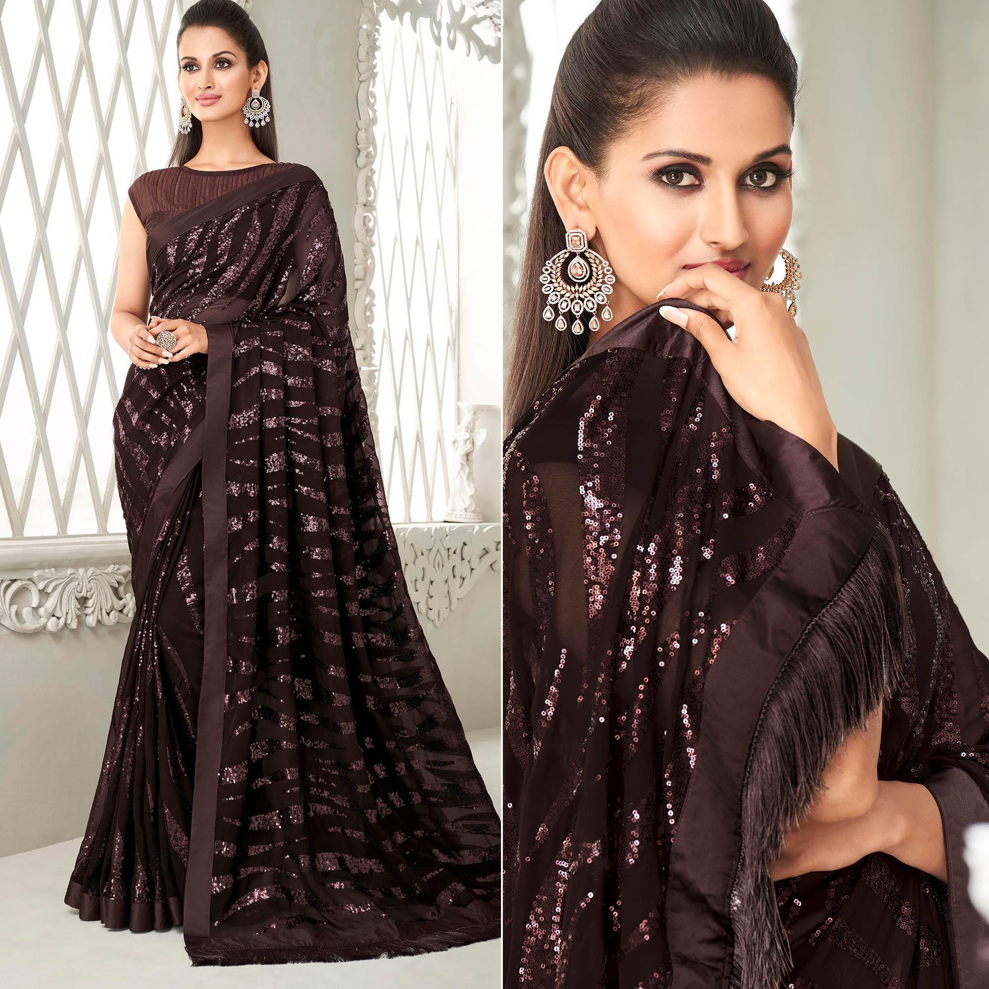 Coffee Brown Sequence Embroidered Georgette Saree With Tassels - Peachmode