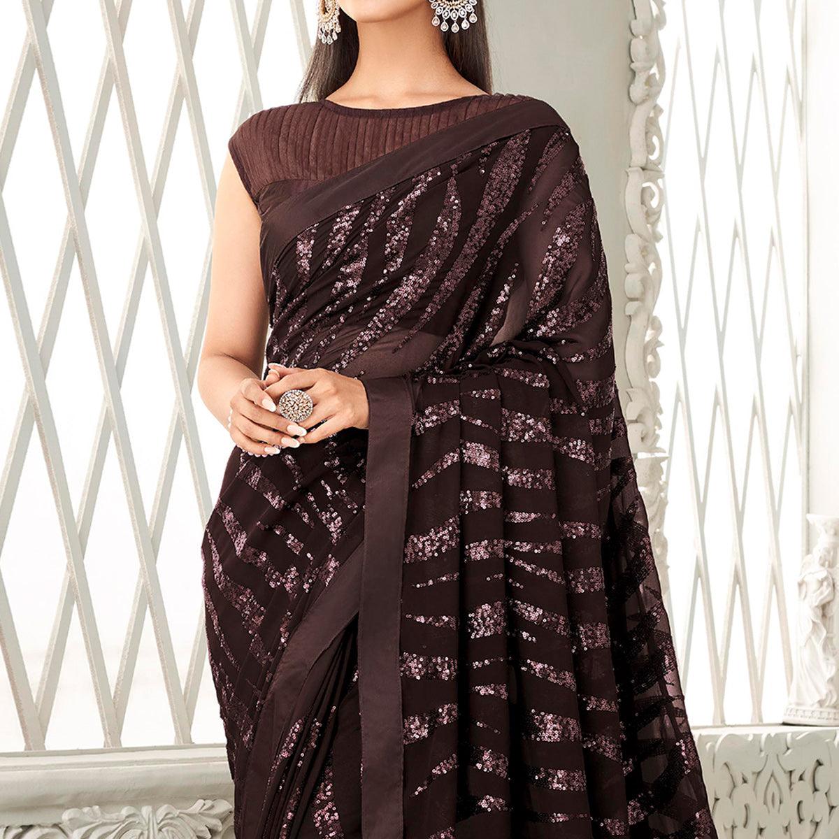 Coffee Brown Sequence Embroidered Georgette Saree With Tassels - Peachmode