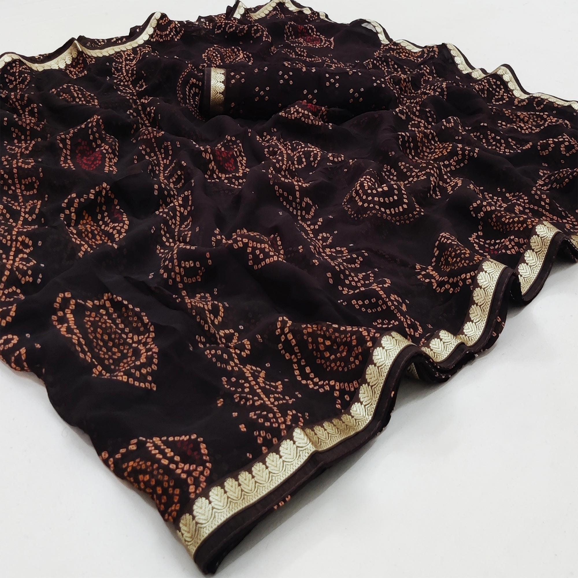Coffee Casual Wear Bandhani Printed Soft Georgette Saree With Fancy Border - Peachmode