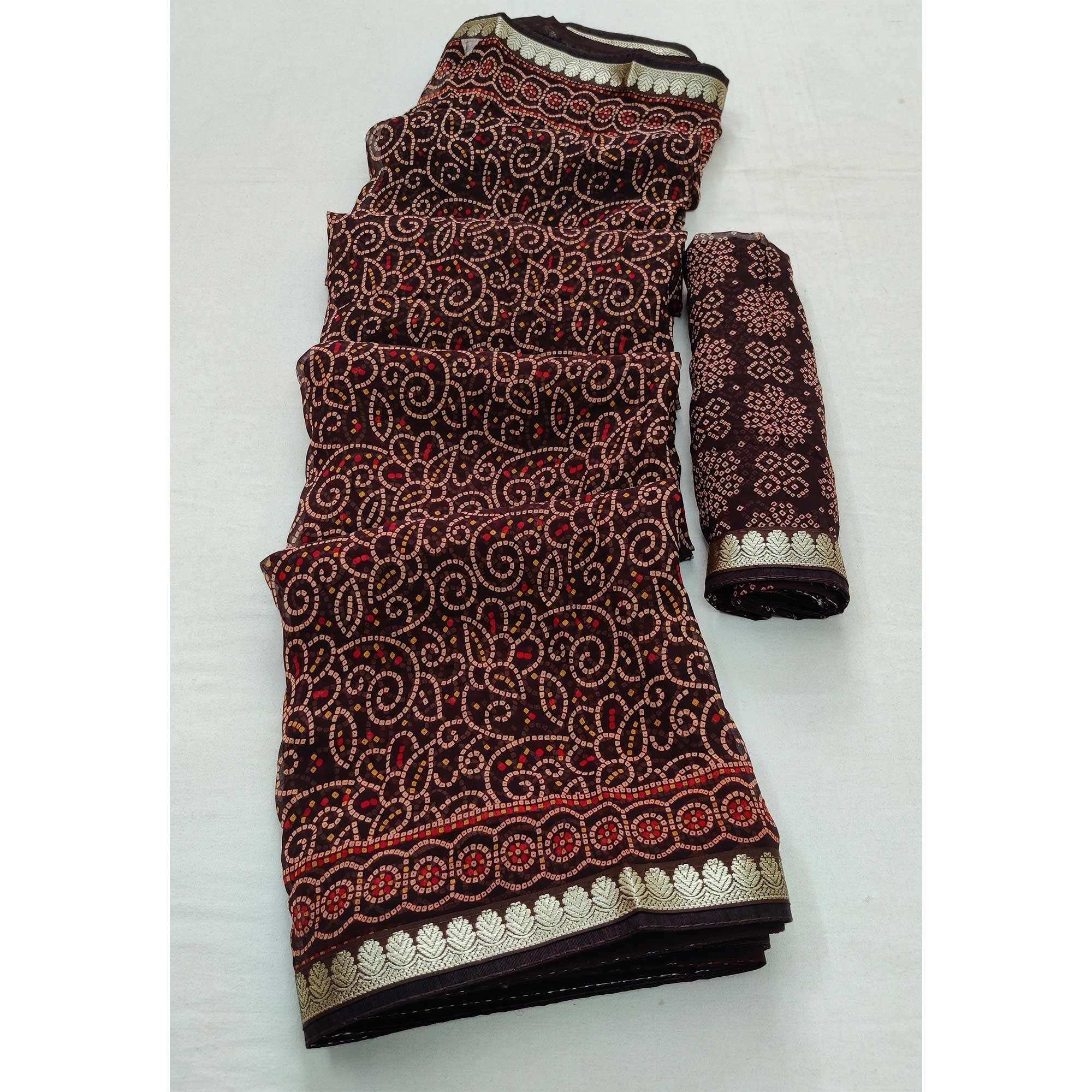 Coffee Casual Wear Bandhani Printed Soft Georgette Saree With Fancy Border - Peachmode