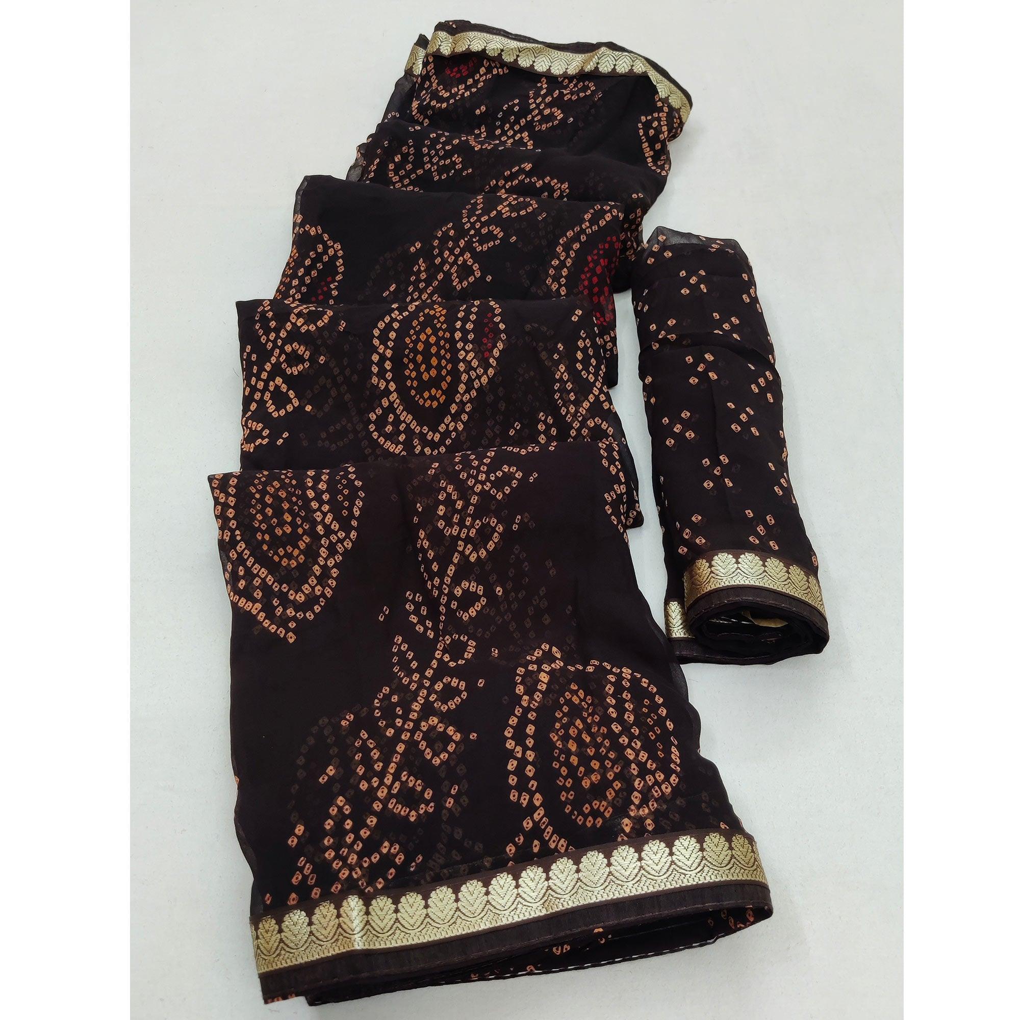Coffee Casual Wear Bandhani Printed Soft Georgette Saree With Fancy Border - Peachmode