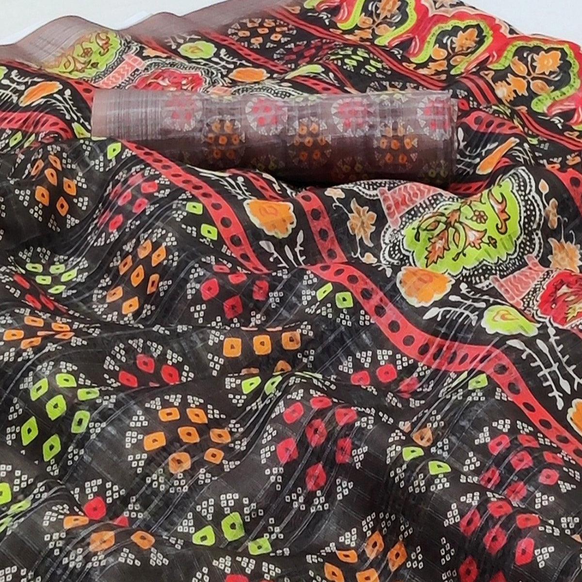 Coffee Casual Wear Digital Printed Silk Saree With Jacquard Border - Peachmode