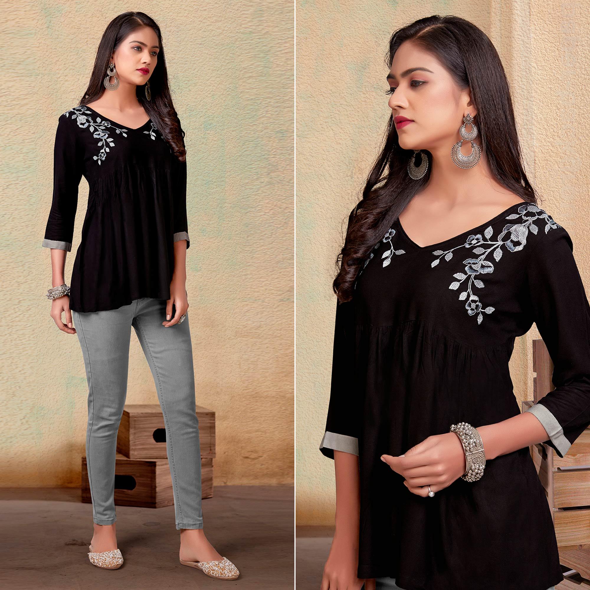 Coffee Casual Wear Floral Embroidered Rayon Top - Peachmode