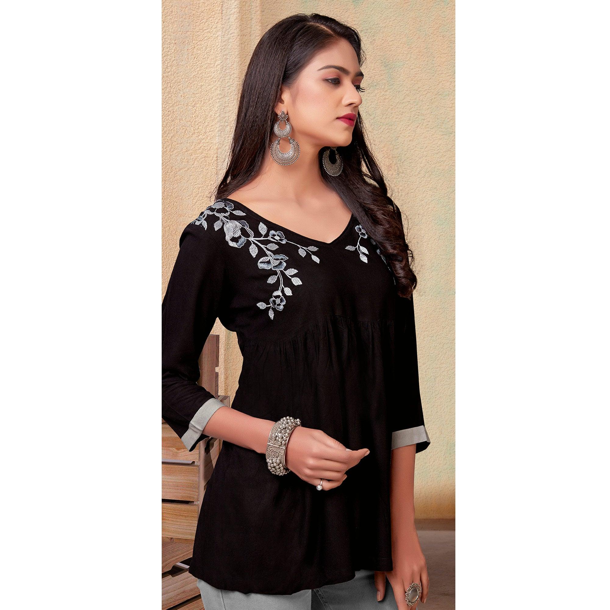 Coffee Casual Wear Floral Embroidered Rayon Top - Peachmode