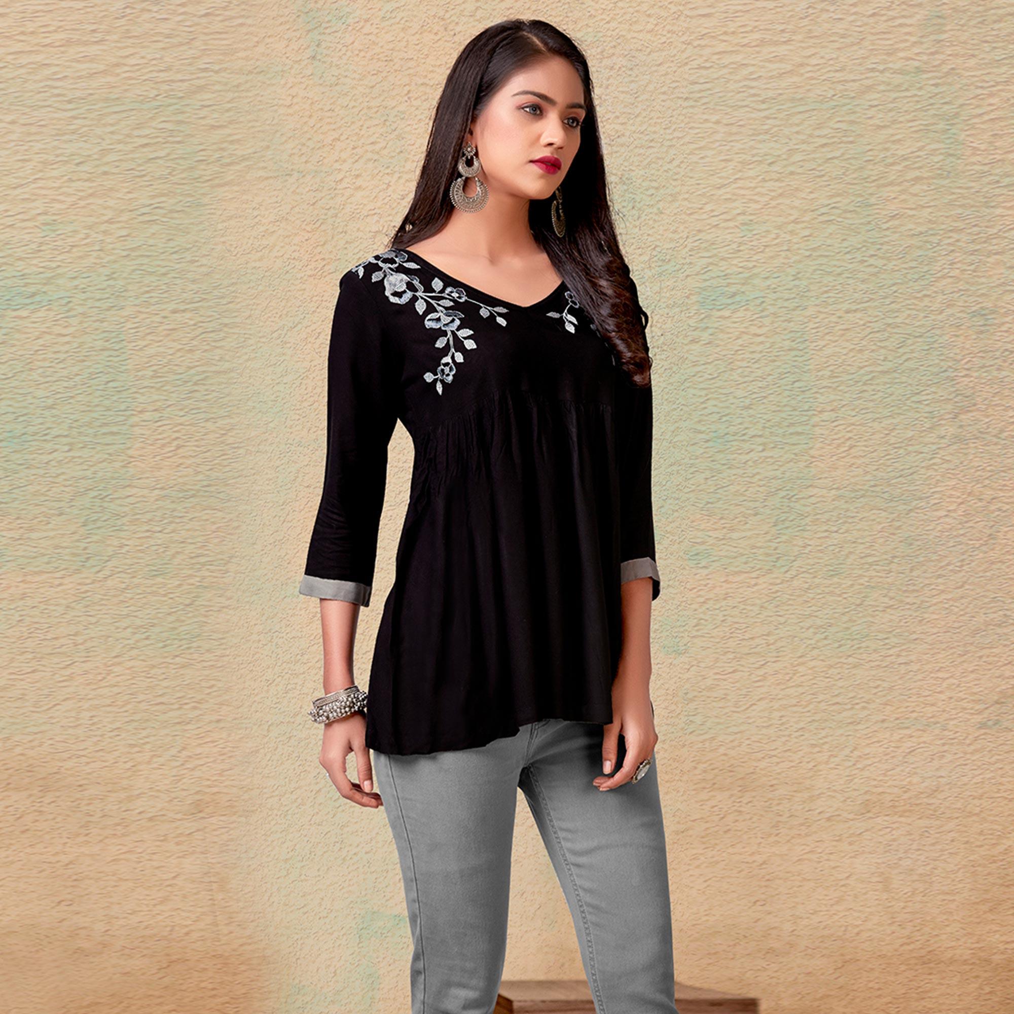 Coffee Casual Wear Floral Embroidered Rayon Top - Peachmode