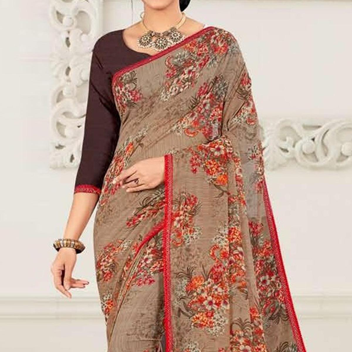 Coffee Casual Wear Floral Printed Georgette Saree - Peachmode