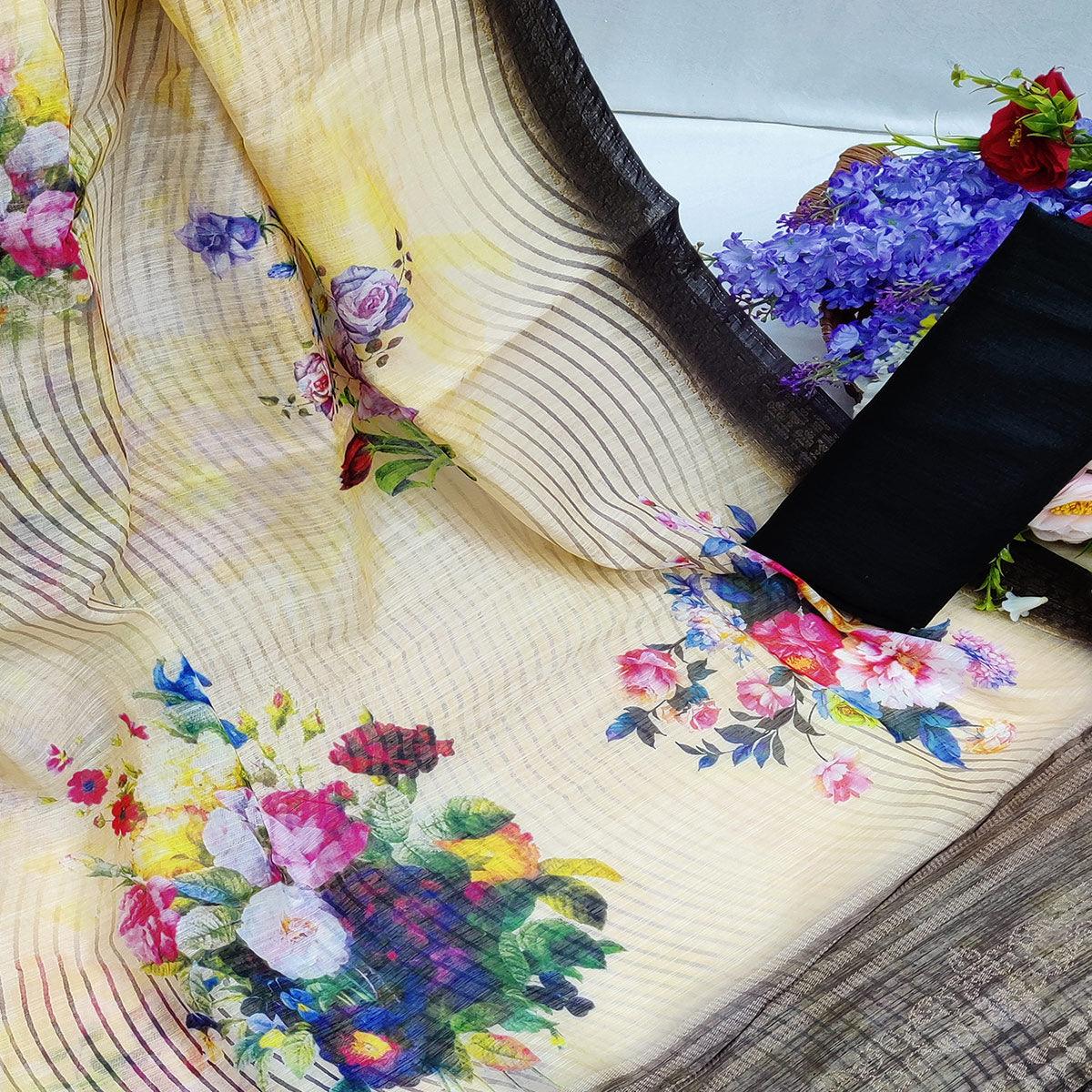 Coffee-Cream Festive Wear Floral Digital Printed With Woven Zari Border Cotton Saree - Peachmode
