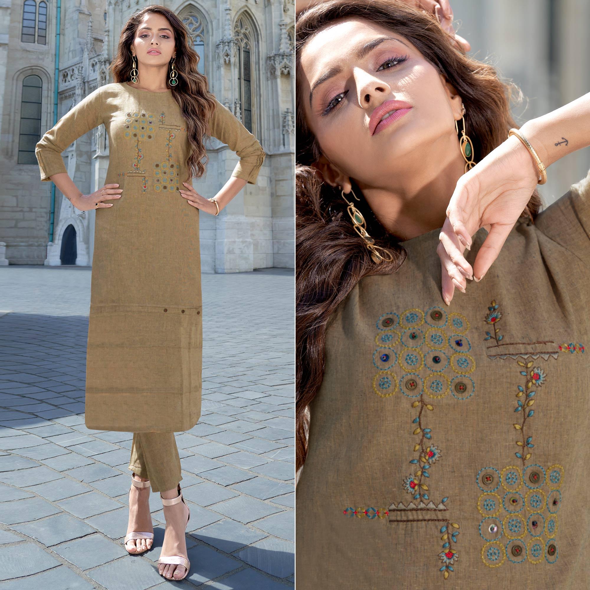 Coffee Embroidered Cotton Blend Kurti Pant Set - Peachmode