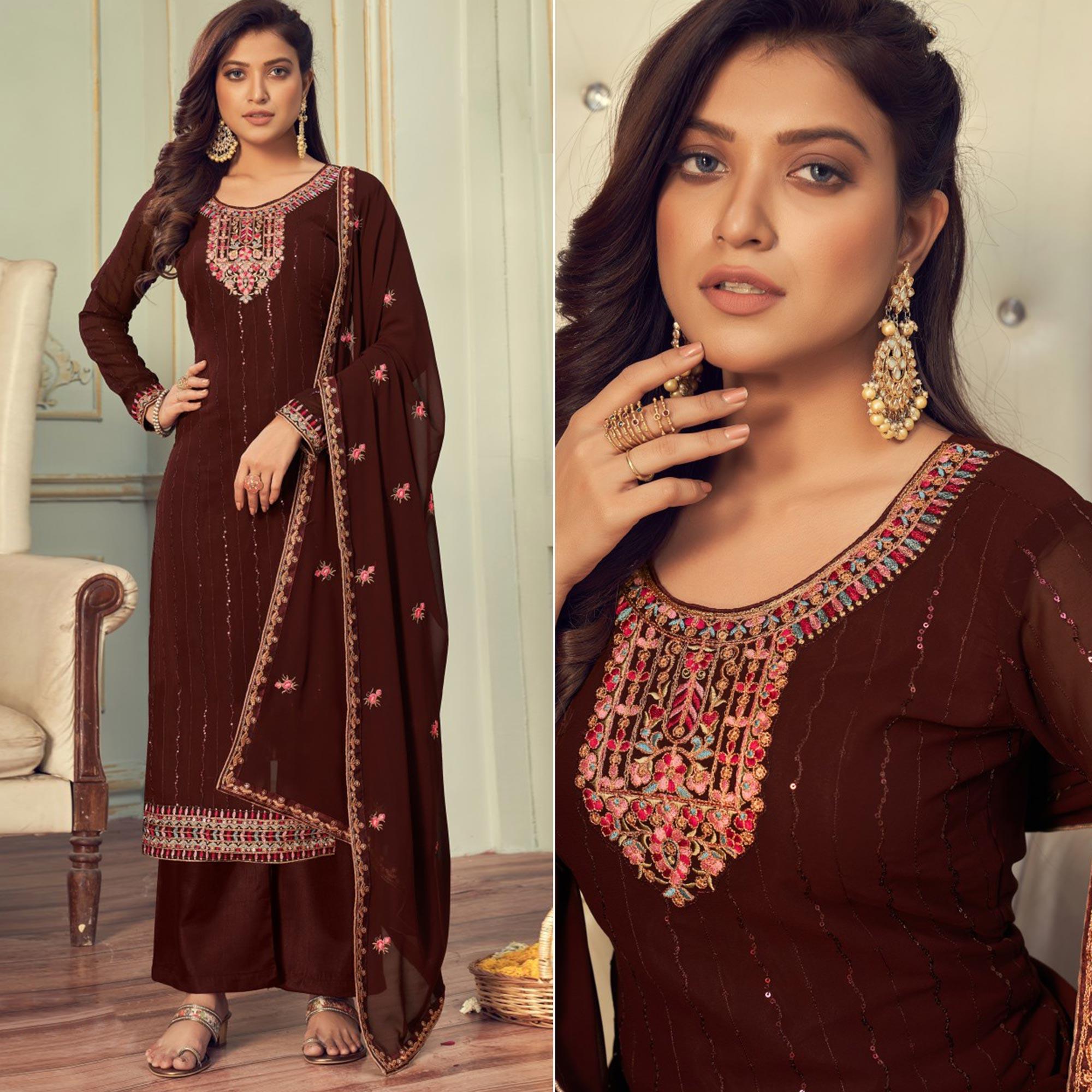 Coffee Embroidered Georgette Palazzo Suit - Peachmode