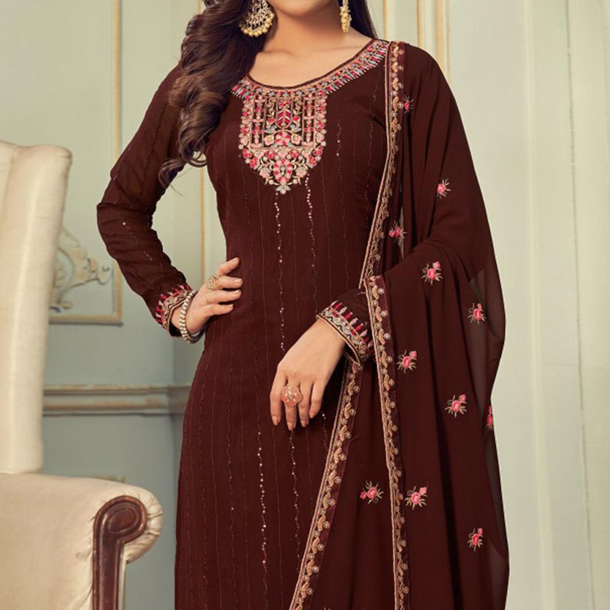 Coffee Embroidered Georgette Palazzo Suit - Peachmode