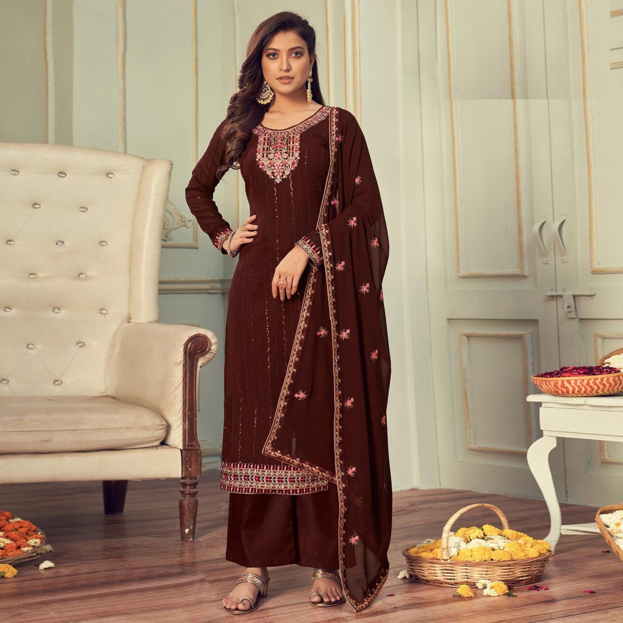 Coffee Embroidered Georgette Palazzo Suit - Peachmode